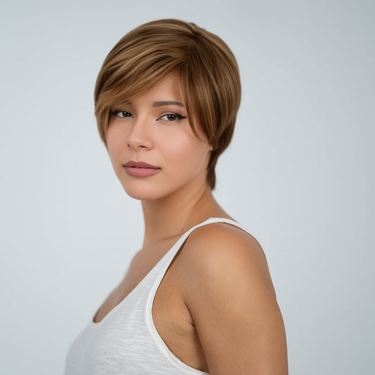 Aspasia: Ίσια Pixie Καστανή με Μελί- Ξανθιές Ανταύγειες Φυσική Περούκα MACO HAIR SYSTEMS